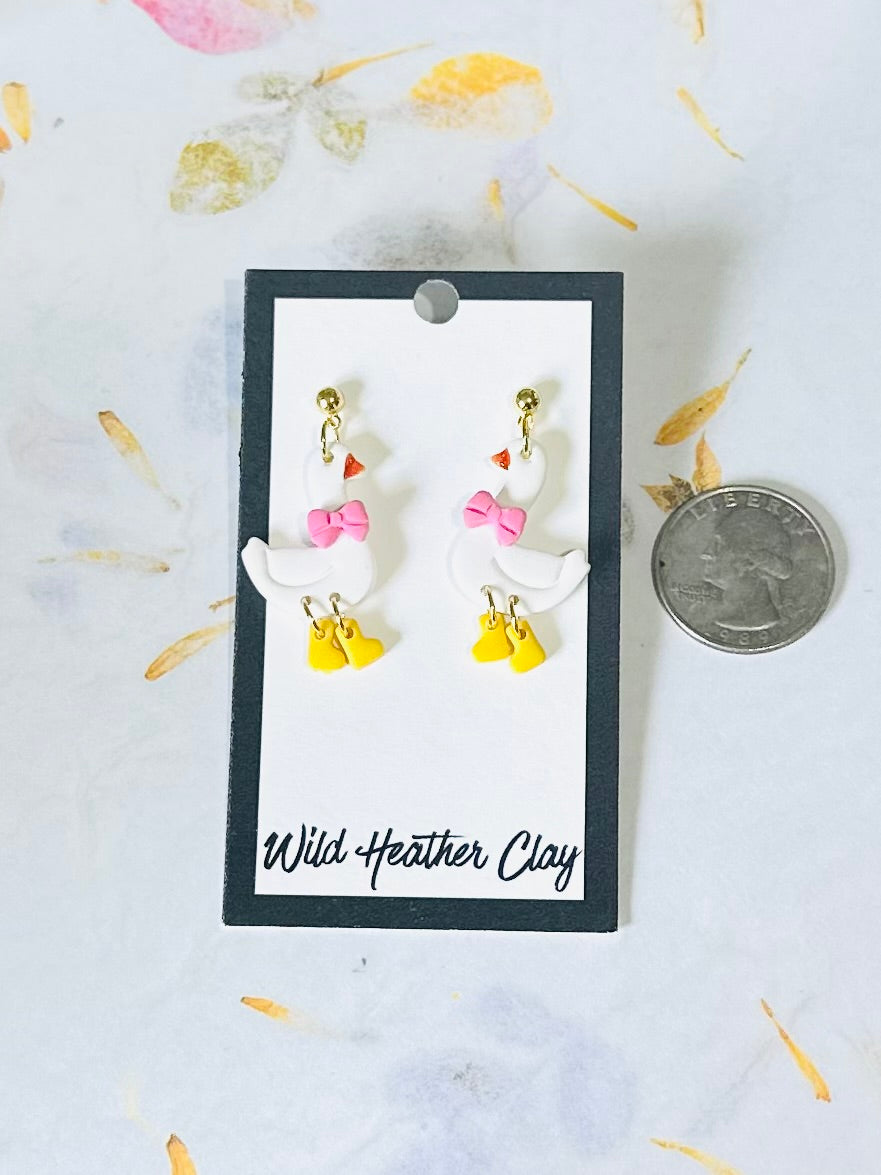 Handmade Goose Clay Earrings | Cute Farm Animal Dangle Earrings | Pink Bow Statement Earrings | Whimsical Cottagecore Jewelry