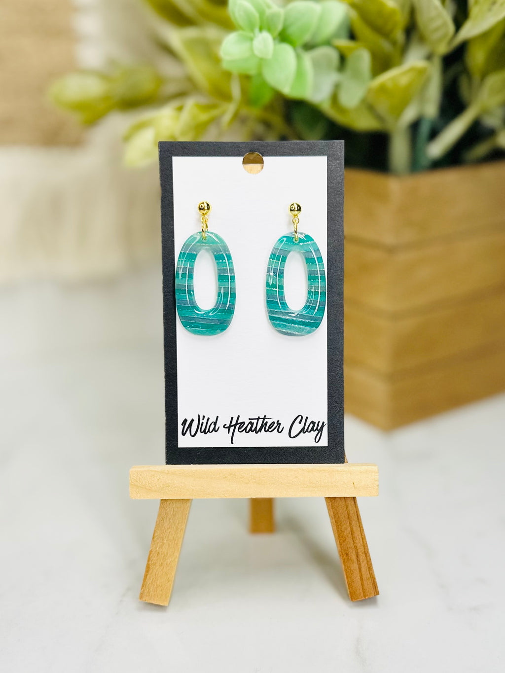 Turquoise Striped Open Oval Earrings | Handmade Polymer Clay Earrings