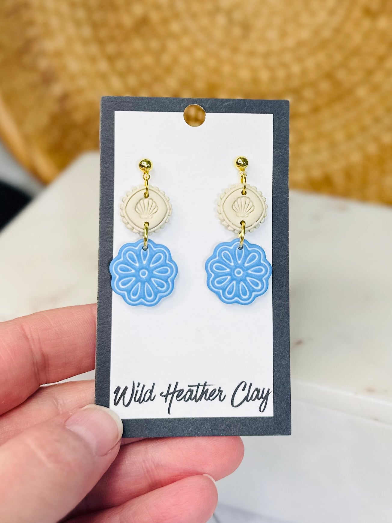 Summer Blue Floral Dangle Earrings – Handmade Polymer Clay Earrings, Lightweight Gold Stud Earrings, Cottagecore Inspired Jewelry