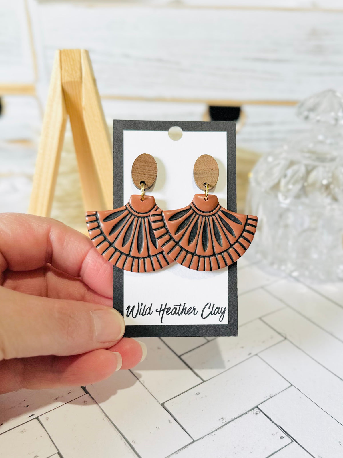 Cinnamon Art Deco Fan Wood & Polymer Clay Earrings
