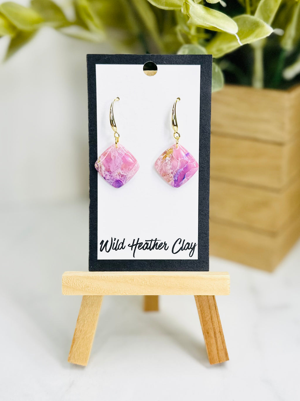 Pink Marbled Diamond Dangle Earrings | Handmade Polymer Clay Earrings