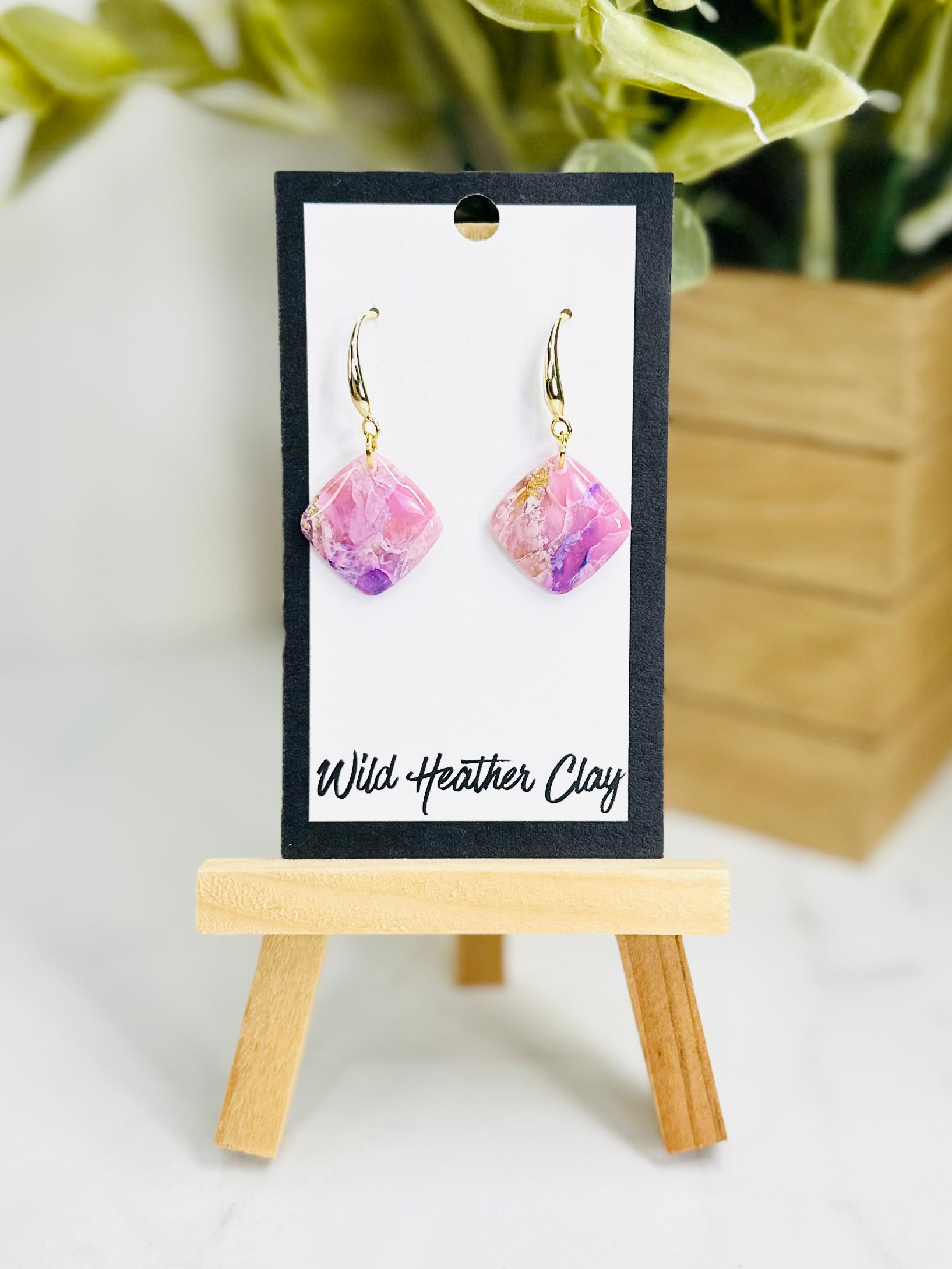Pink Marbled Diamond Dangle Earrings | Handmade Polymer Clay Earrings