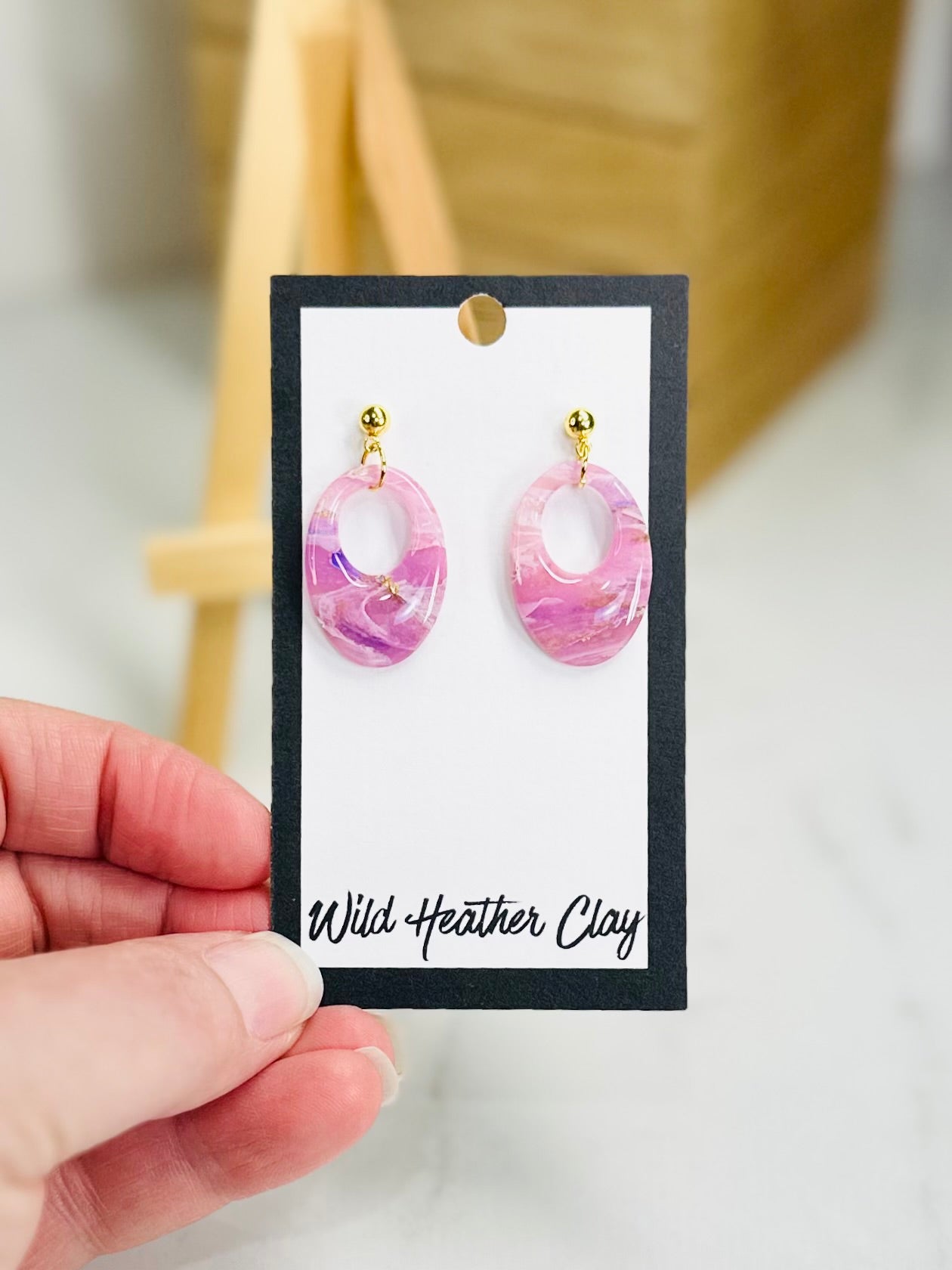 Pink Marbled Open Oval Earrings | Handmade Polymer Clay Earrings