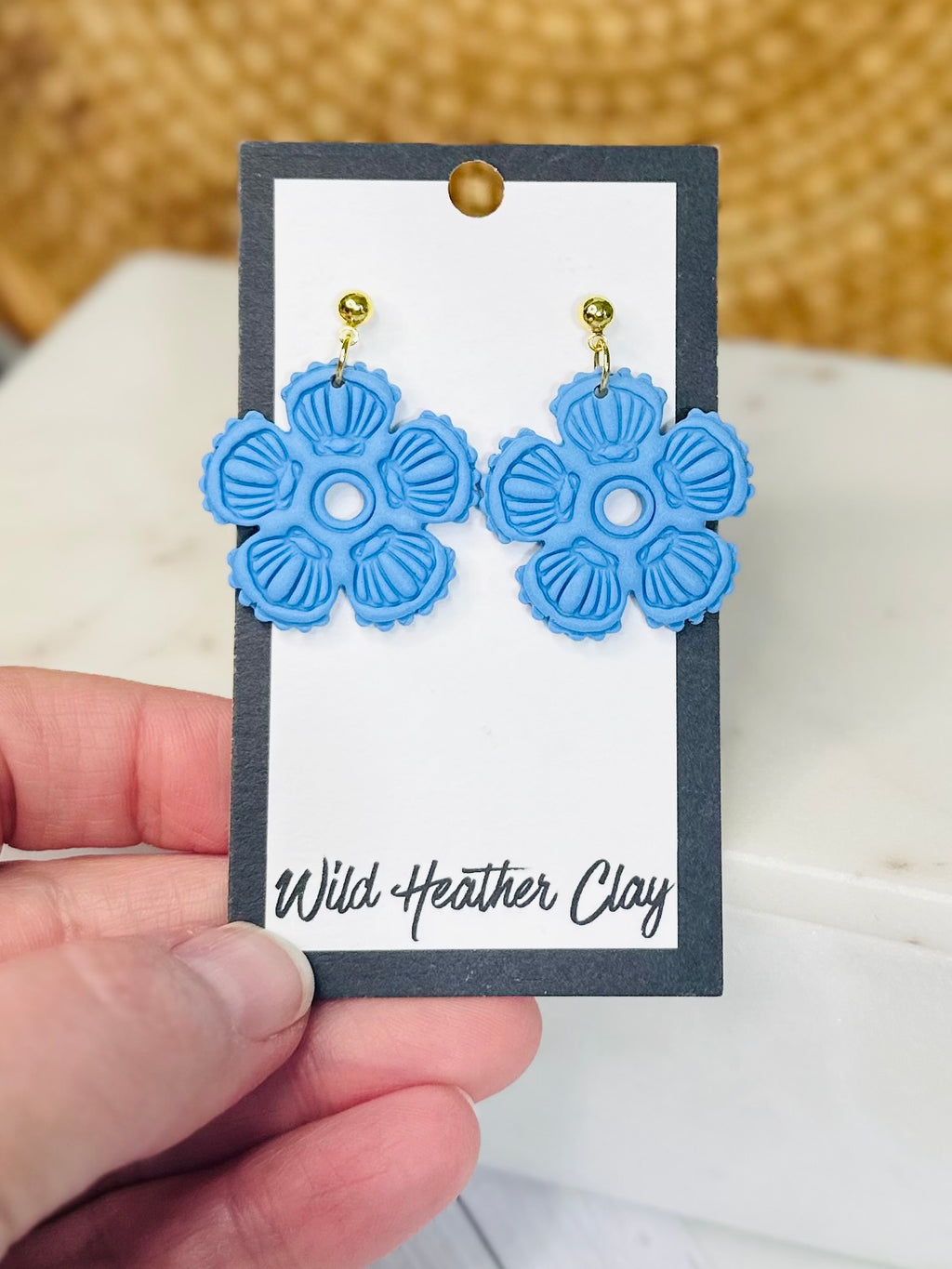 Costal Blue Floral Shell Earrings – Handmade Polymer Clay Flower Earrings, Bold Statement Dangles, Lightweight Summer Jewelry