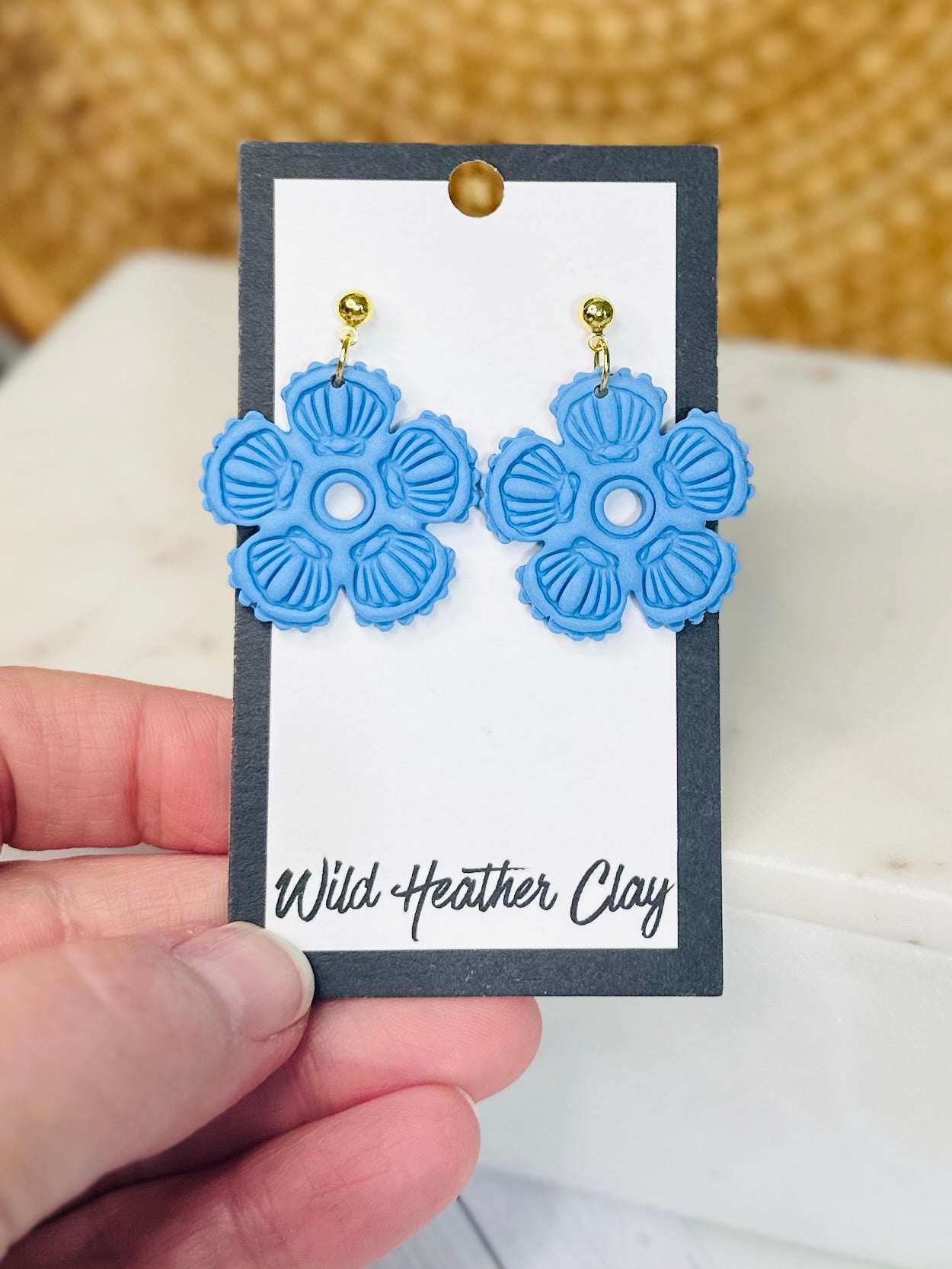 Costal Blue Floral Shell Earrings – Handmade Polymer Clay Flower Earrings, Bold Statement Dangles, Lightweight Summer Jewelry