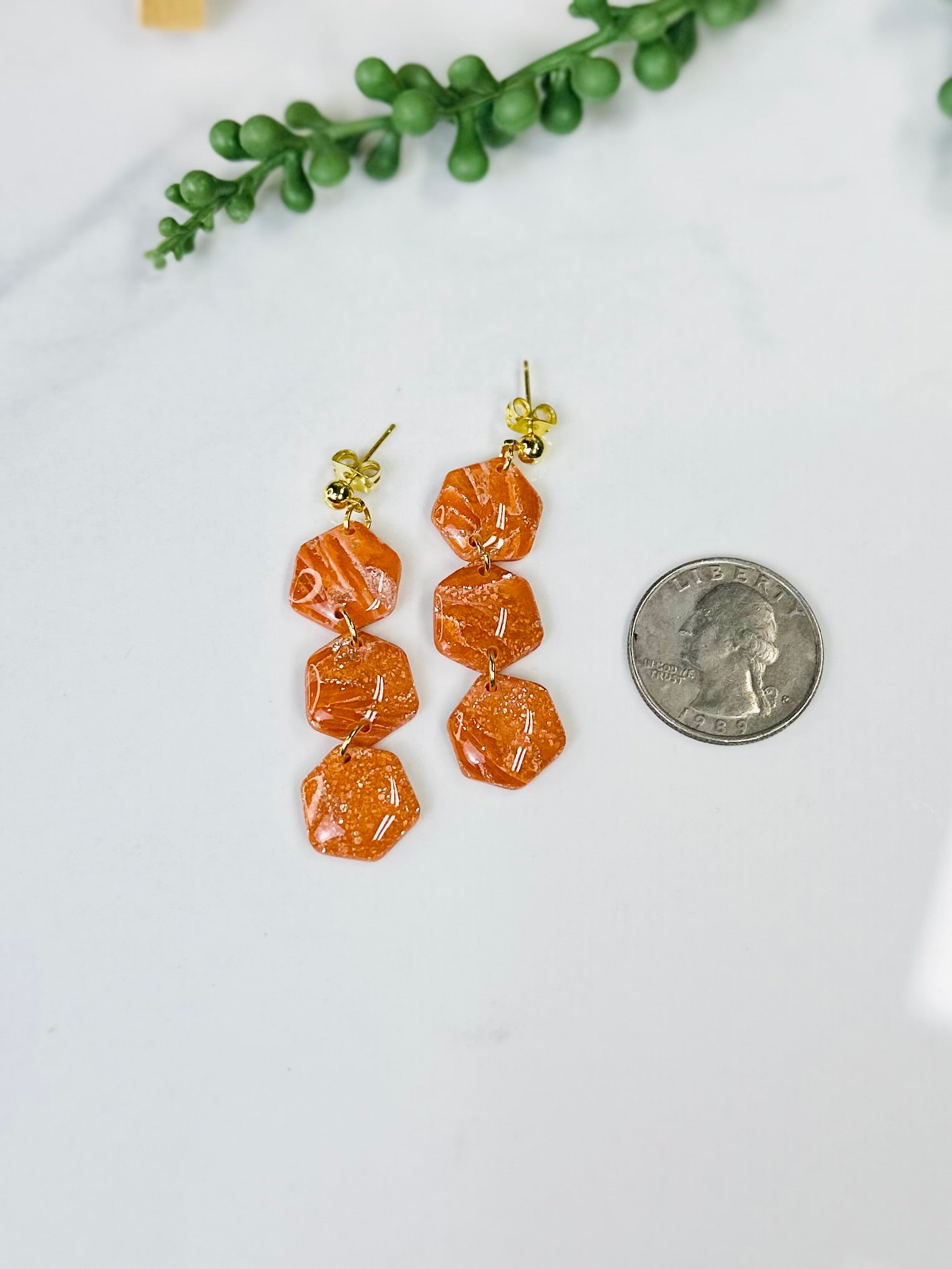 Orange Marbled Hexagon Dangle Earrings