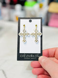 White Cross Dangle Earrings | Gold Outline Christian Jewelry | Lightweight Polymer Clay Earrings | Faith-Based Gift