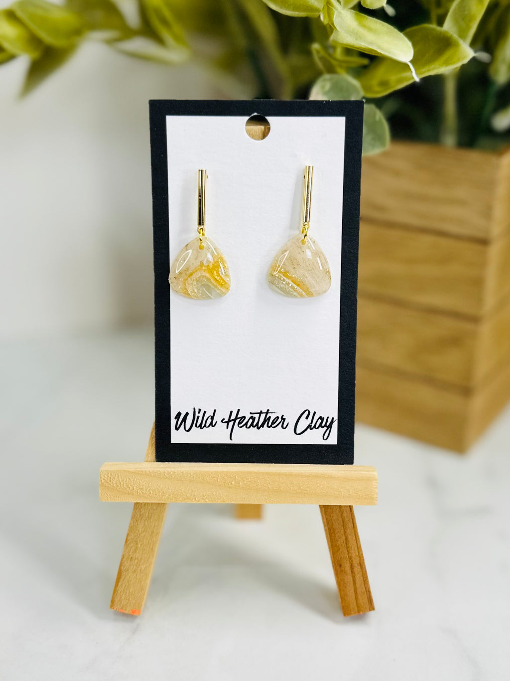 Ivory & Gold Marbled Triangle Earrings | Handmade Polymer Clay Earrings