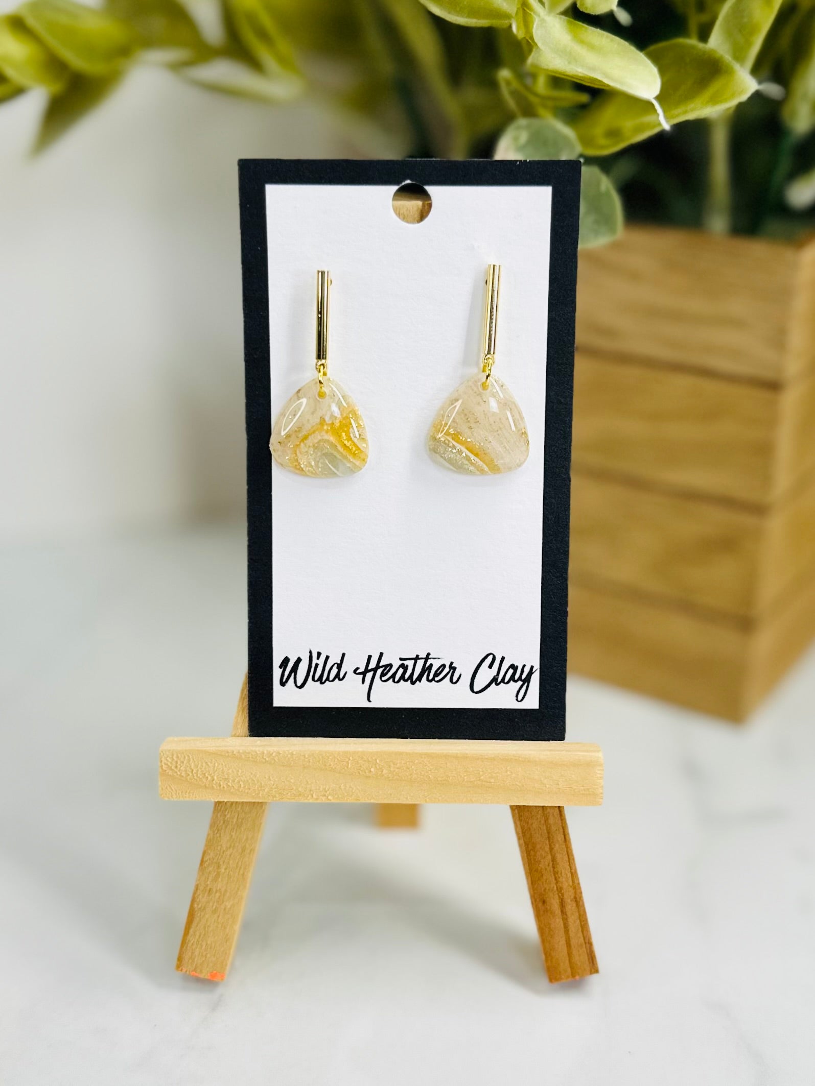 Ivory & Gold Marbled Triangle Earrings | Handmade Polymer Clay Earrings