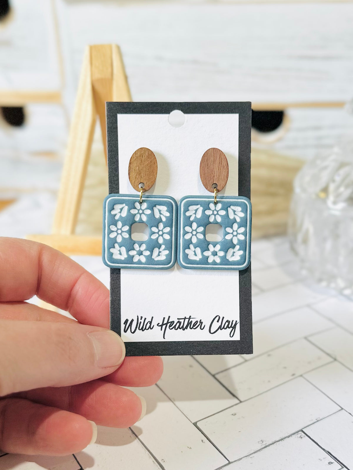 Dusty Blue Floral Tile & Wood Polymer Clay Earrings