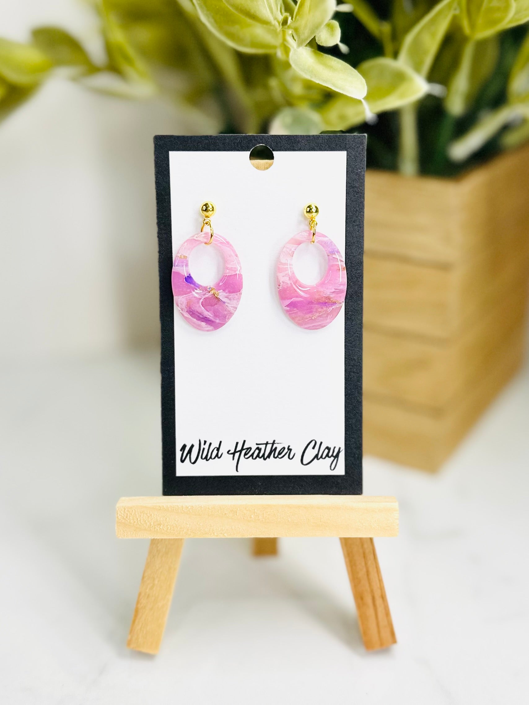 Pink Marbled Open Oval Earrings | Handmade Polymer Clay Earrings