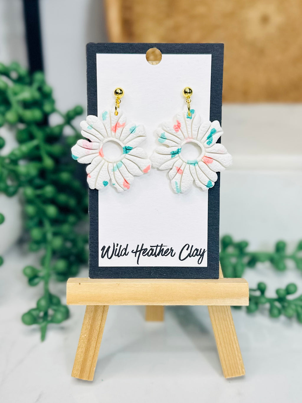 Handmade White Floral Earrings – Lightweight Polymer Clay Flower Earrings, Gold Dangle Earrings, Feminine Statement Jewelry