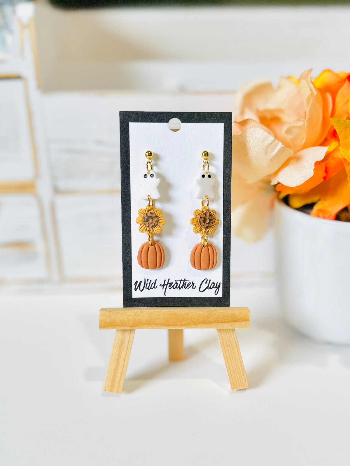 Ghost, Sunflower & Pumpkin Polymer Clay Earrings