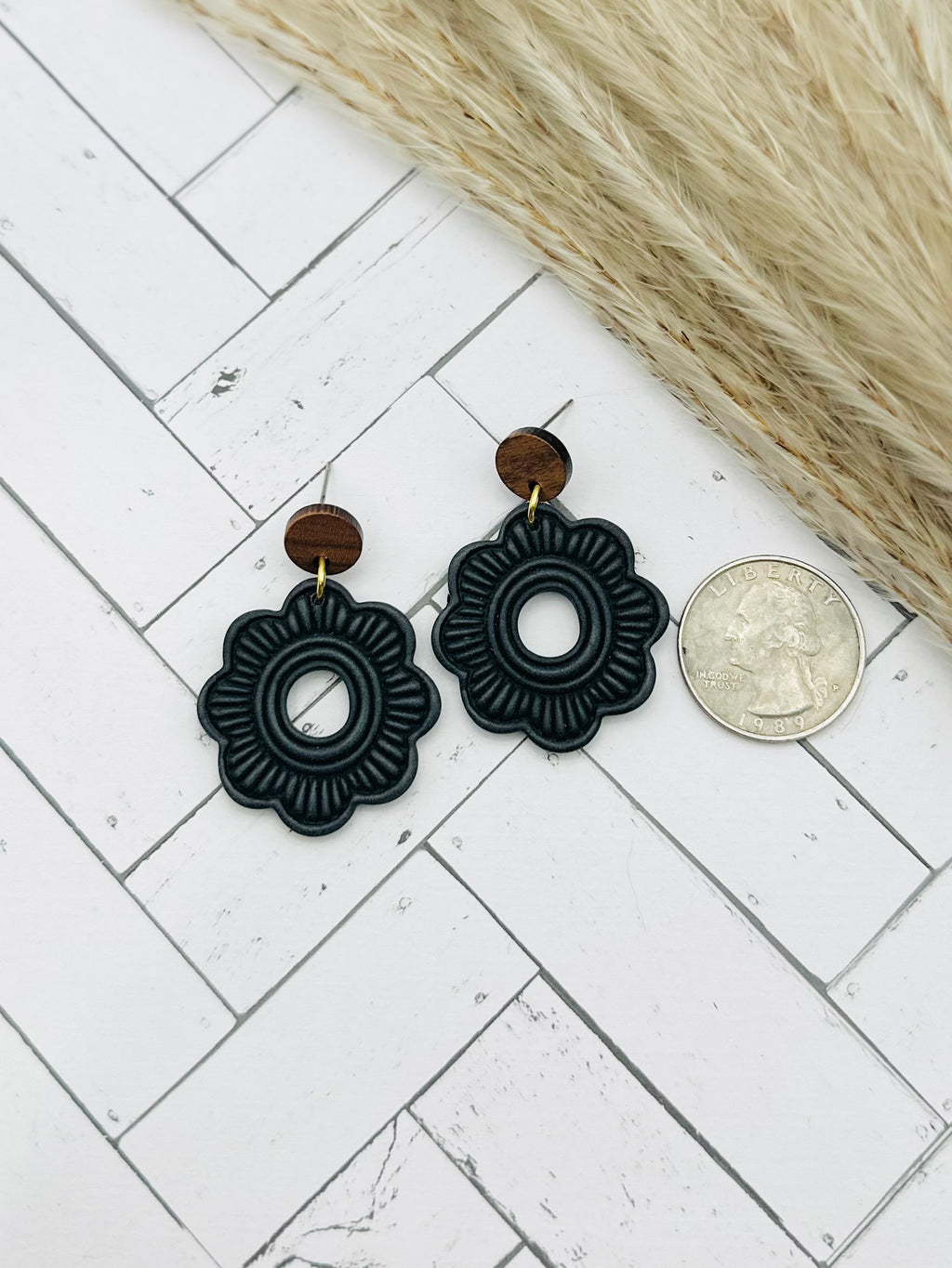Charcoal Black Boho Floral Statement Earrings with Wood Studs