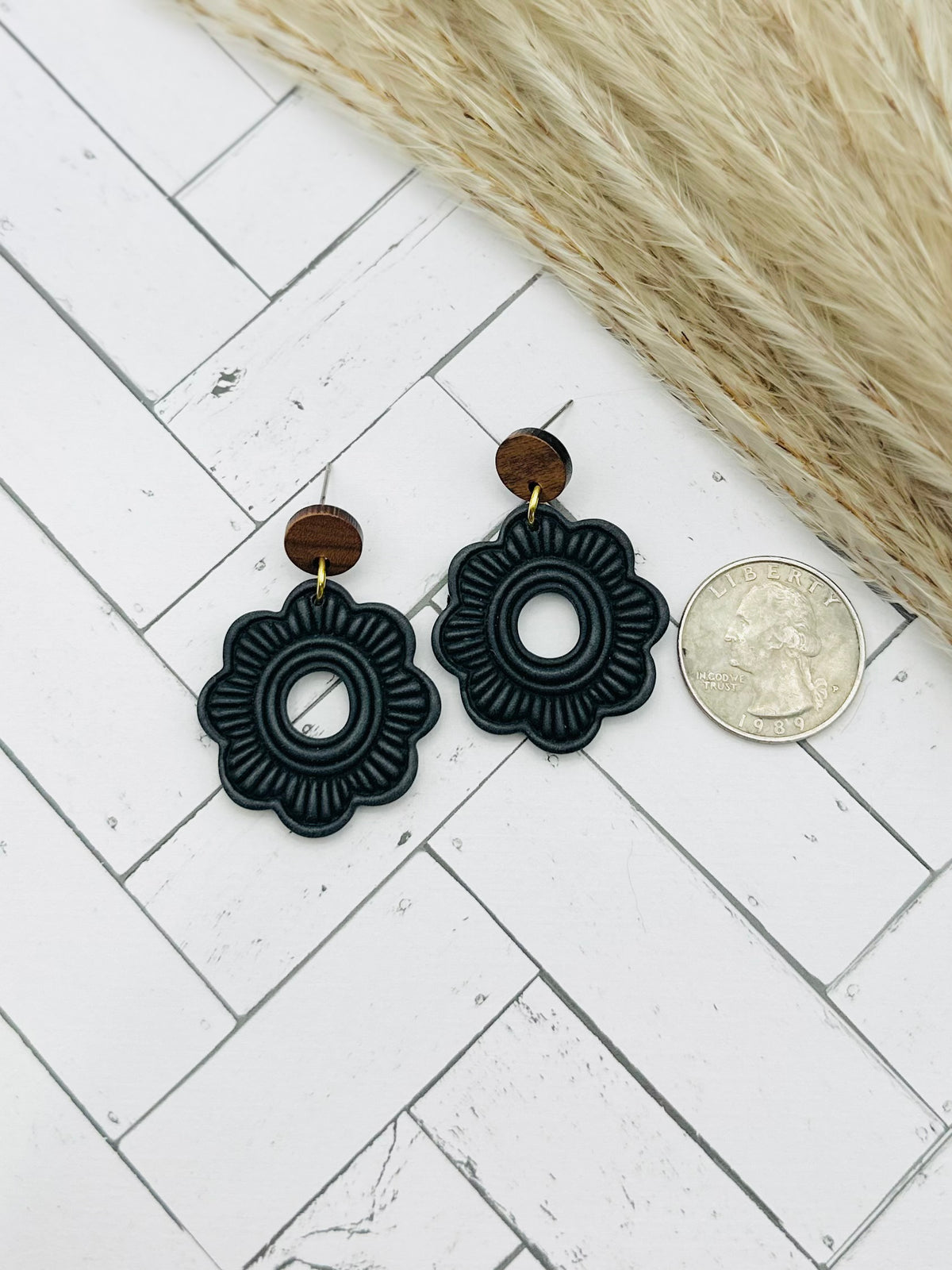 Charcoal Black Boho Floral Statement Earrings with Wood Studs