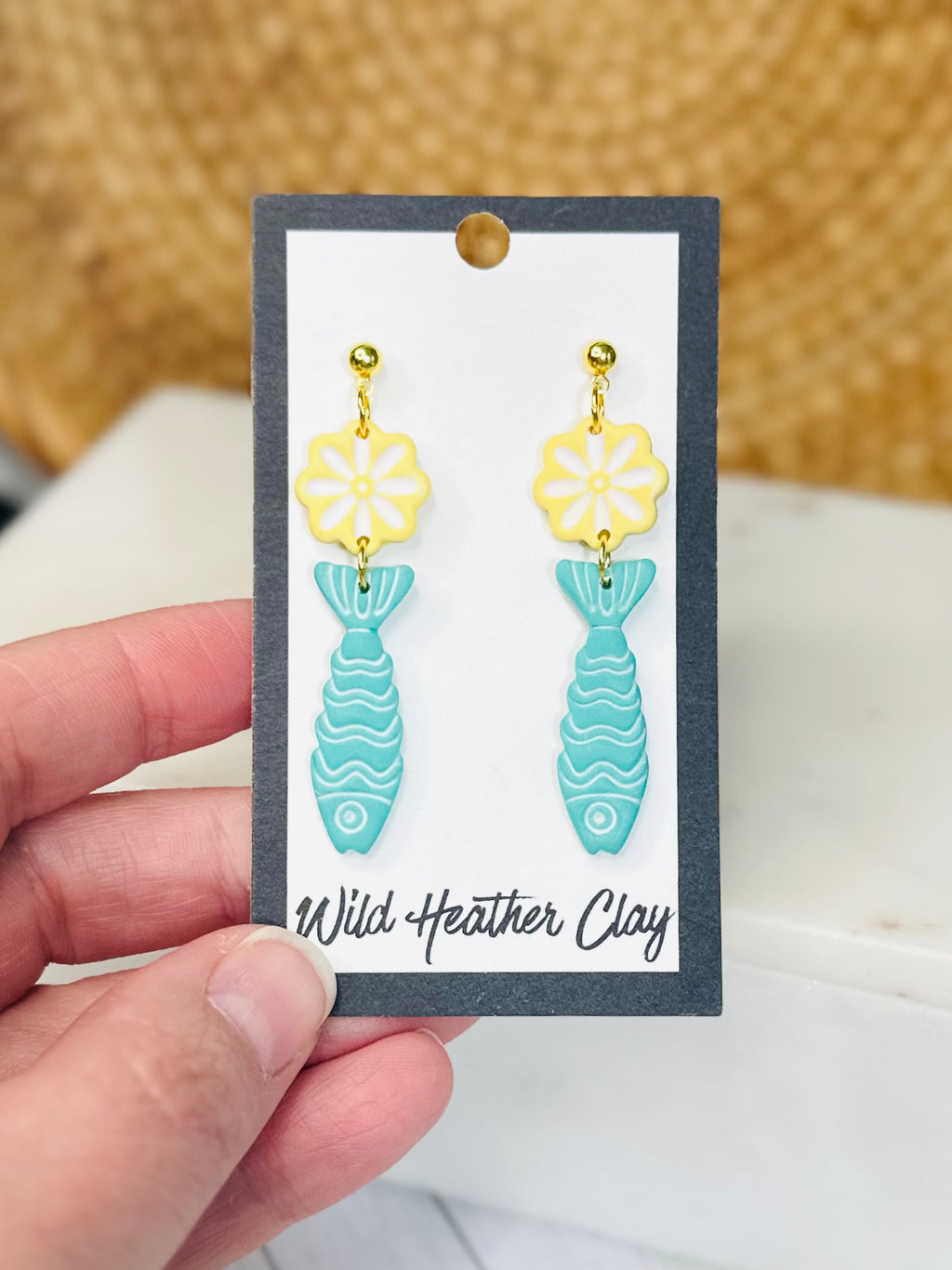 Turquoise Fish Flower Earrings – Handmade Coastal Polymer Clay Earrings, Beach Dangle Earrings, Lightweight Summer Jewelry