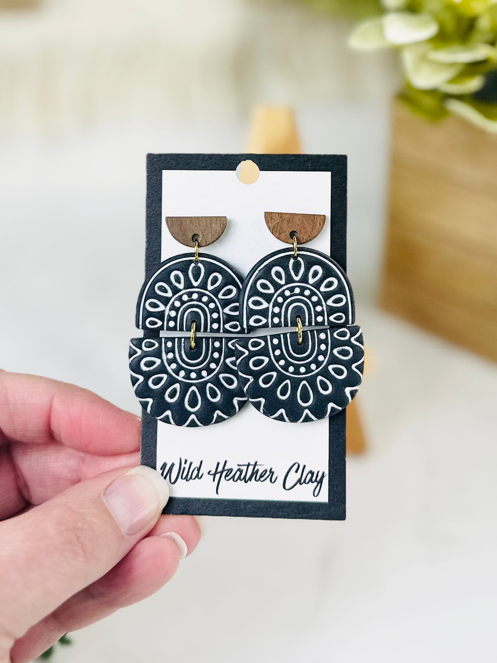 Black & White Boho Arch Dangle Earrings with Wood | Handmade Polymer Clay Earrings