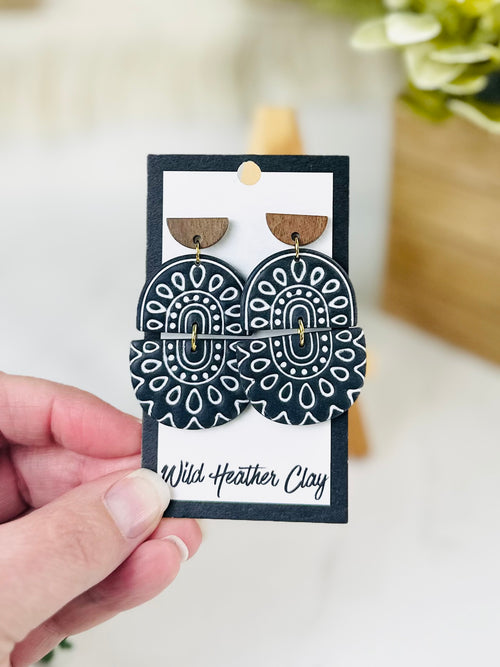 Black & White Boho Arch Dangle Earrings with Wood | Handmade Polymer Clay Earrings