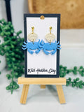 Costal Blue Crab & Shell Earrings – Handmade Coastal Polymer Clay Earrings, Beach Dangle Earrings, Lightweight Summer Jewelry