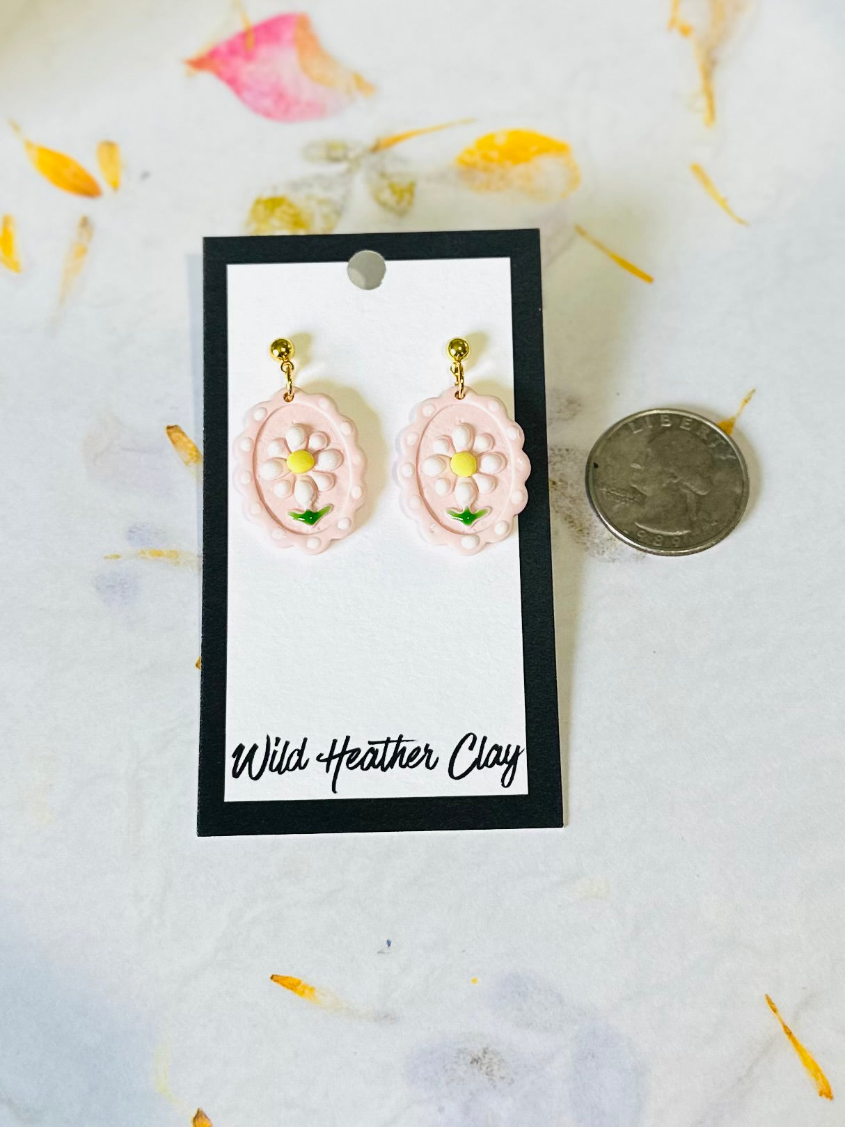 Vintage Inspired Daisy Earrings|     Floral Pink Frame Polymer Clay Dangle Earrings