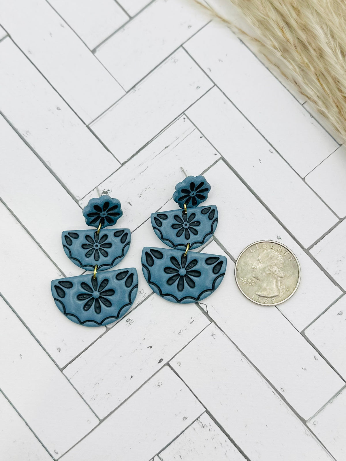 Mineral Blue Floral Tiered Polymer Clay Earrings