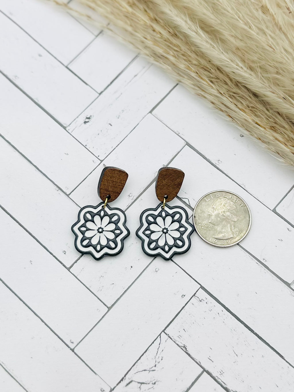Black & White Floral Medallion Earrings