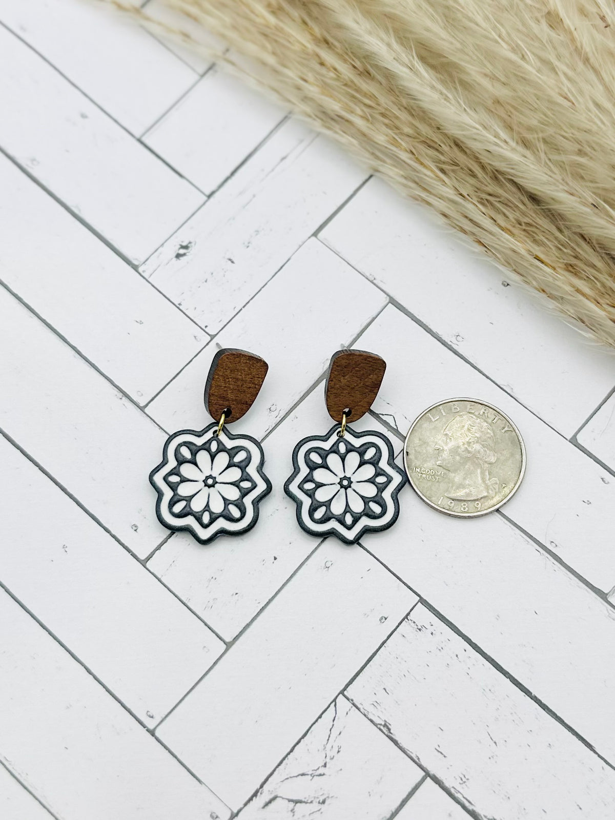 Black & White Floral Medallion Earrings