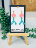 Pink Shell & Turquoise Lobster Earrings – Handmade Coastal Polymer Clay Earrings, Beach Dangle Earrings, Lightweight Summer Jewelry