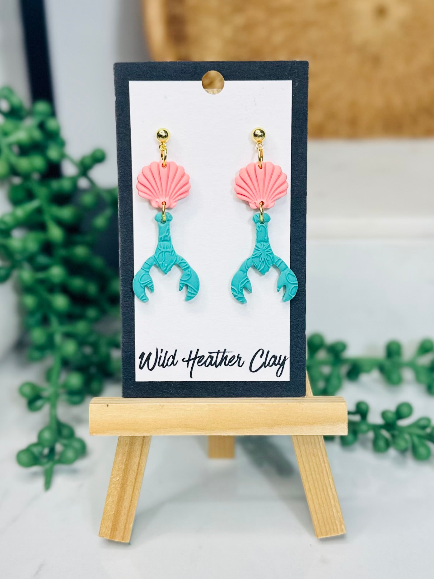 Pink Shell & Turquoise Lobster Earrings – Handmade Coastal Polymer Clay Earrings, Beach Dangle Earrings, Lightweight Summer Jewelry