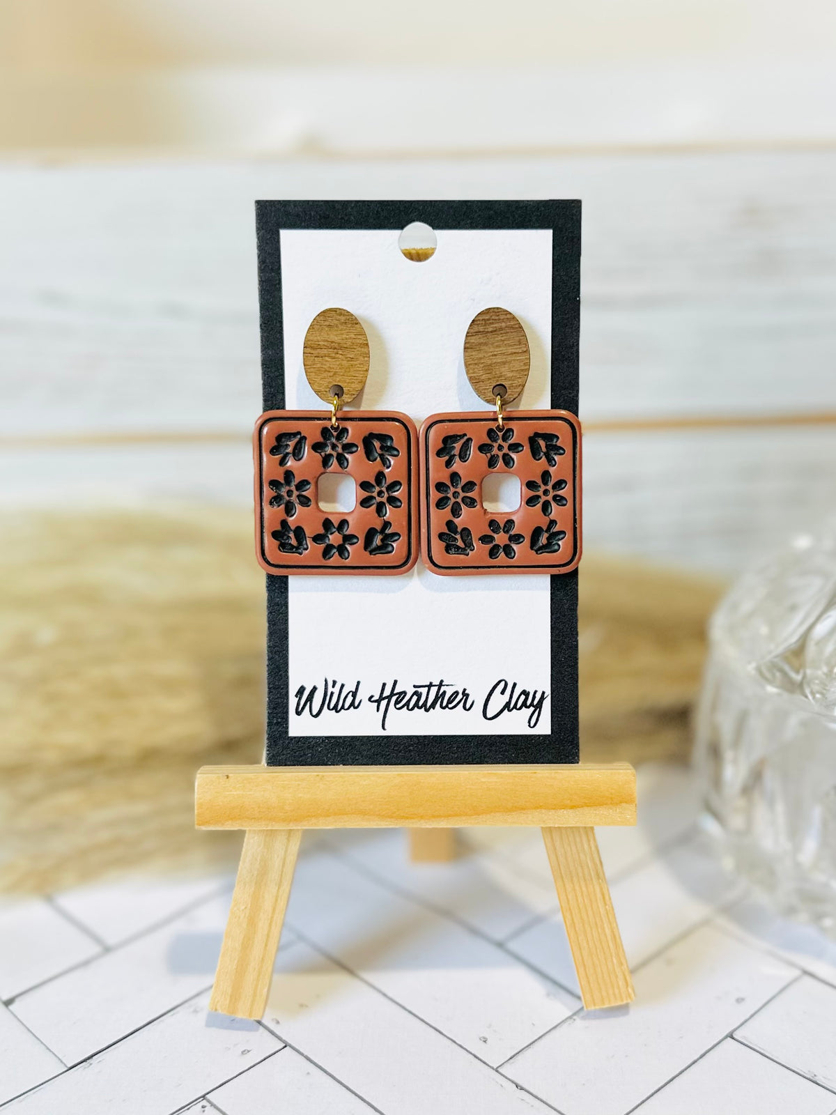 Terracotta & Black Floral Tile Wood Polymer Clay Earrings