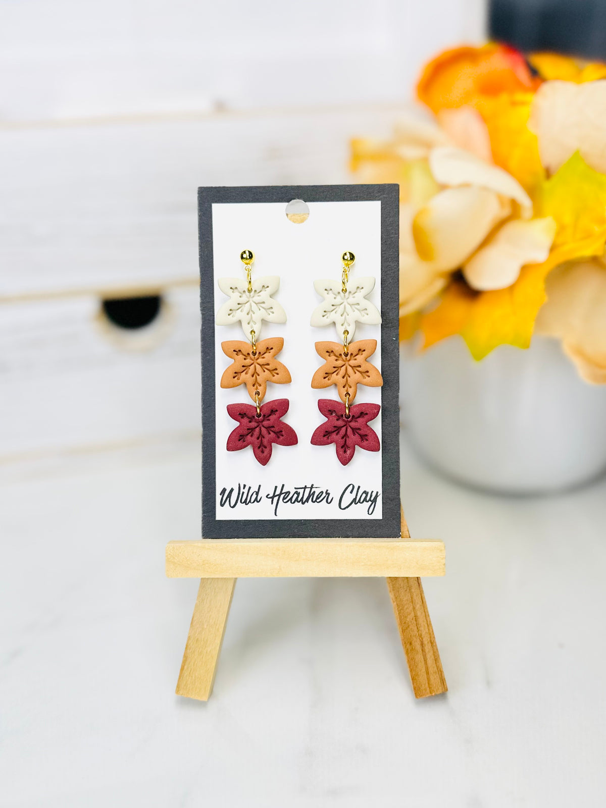 Autumn Leaves Polymer Clay Dangle Earrings | Cream, Caramel & Burgundy Autumn Leaf Polymer Clay Earrings