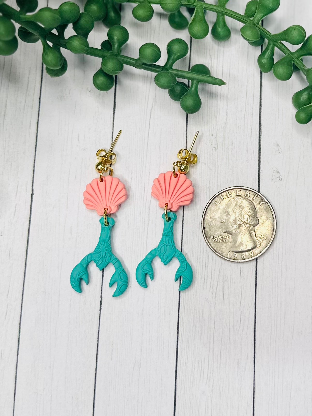 Pink Shell & Turquoise Lobster Earrings – Handmade Coastal Polymer Clay Earrings, Beach Dangle Earrings, Lightweight Summer Jewelry