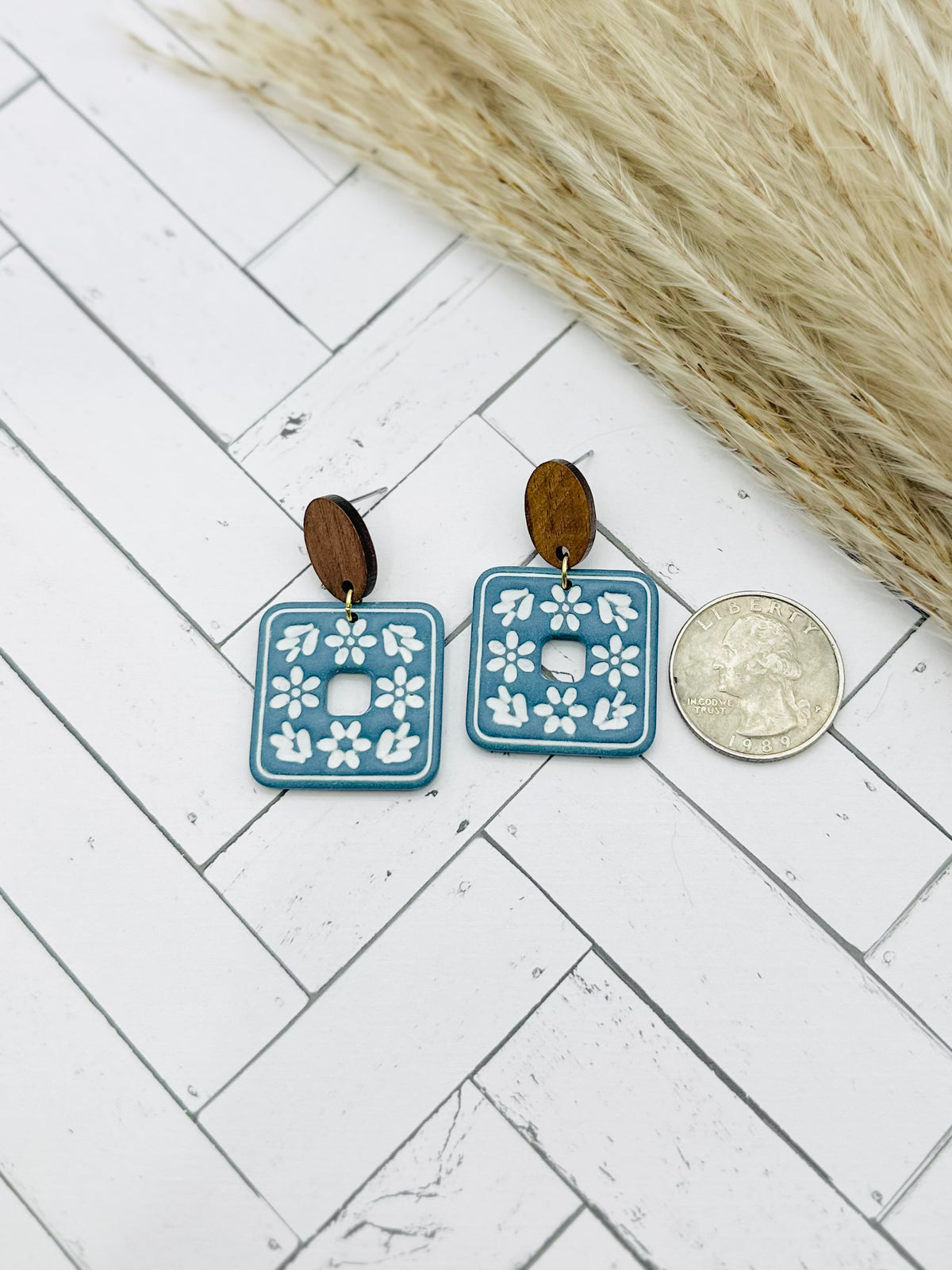 Dusty Blue Floral Tile & Wood Polymer Clay Earrings