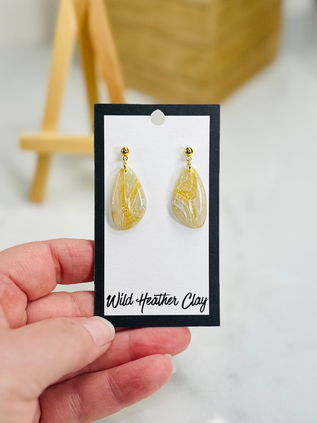 Ivory & Gold Marbled Teardrop Earrings | Handmade Polymer Clay Earrings