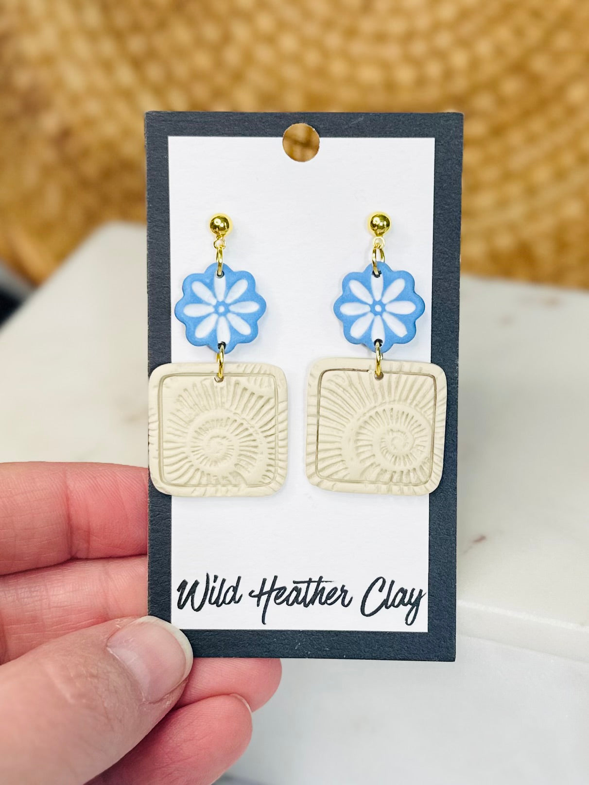 Spiral Blue Floral Statement Earrings – Handmade Polymer Clay Dangle Earrings, Lightweight Boho Jewelry, Modern Floral Earrings