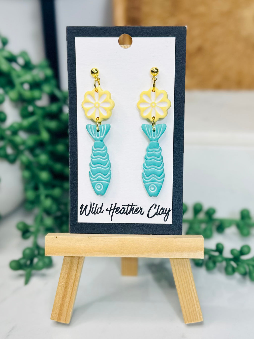 Turquoise Fish Flower Earrings – Handmade Coastal Polymer Clay Earrings, Beach Dangle Earrings, Lightweight Summer Jewelry