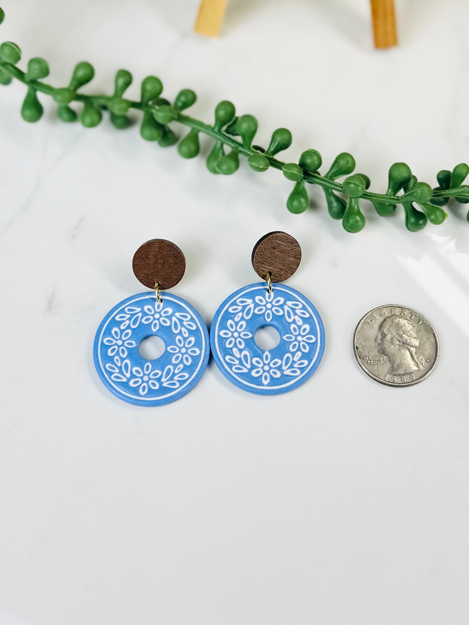 Periwinkle Blue Floral Circle Earrings with Wood | Handmade Polymer Clay Earrings