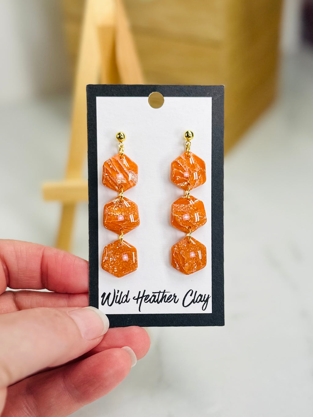 Orange Marbled Hexagon Dangle Earrings