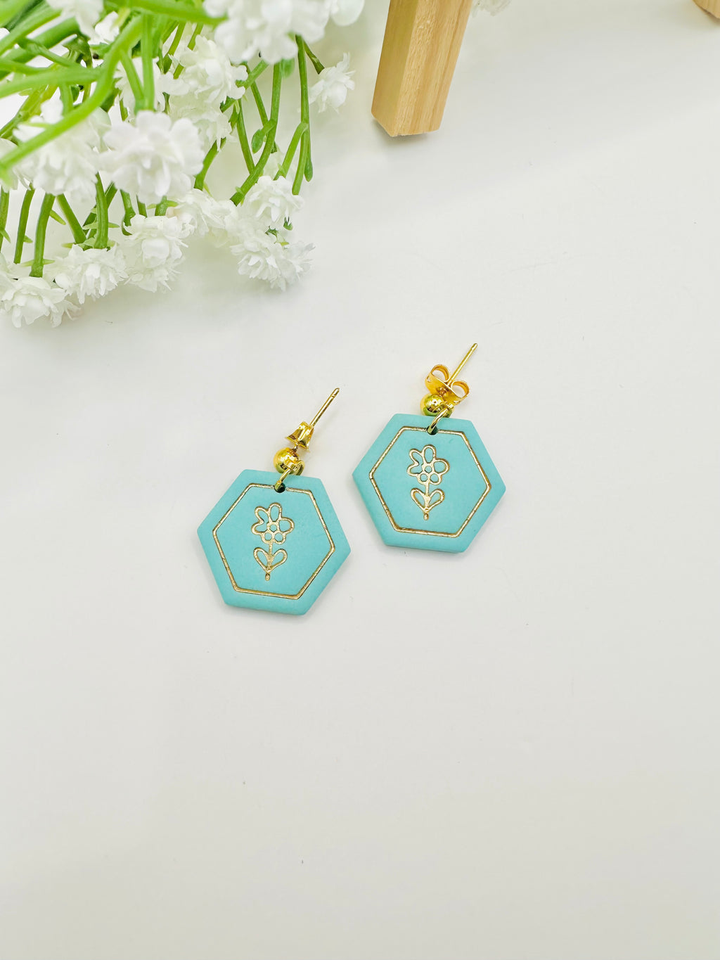 Blue Flower Earrings with Gold Studs | Handmade Polymer Clay Earrings | Spring Floral Statement Earrings