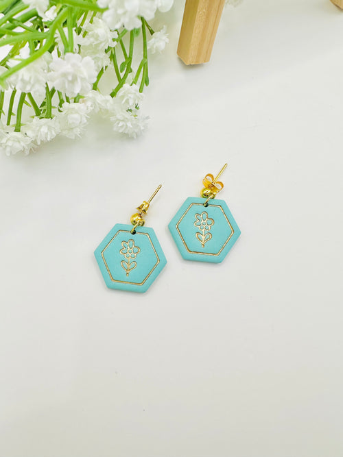 Blue Flower Earrings with Gold Studs | Handmade Polymer Clay Earrings | Spring Floral Statement Earrings