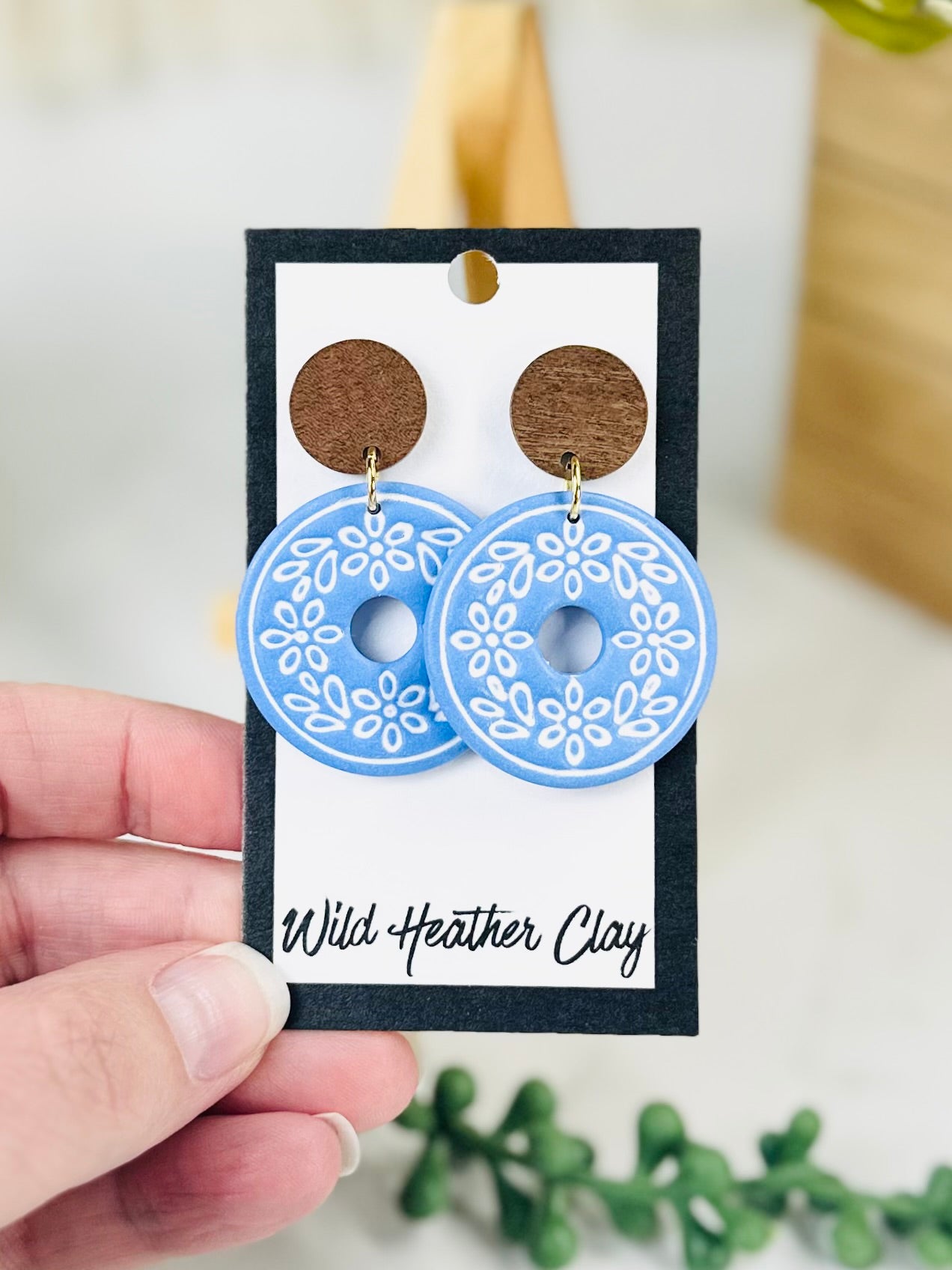 Periwinkle Blue Floral Circle Earrings with Wood | Handmade Polymer Clay Earrings