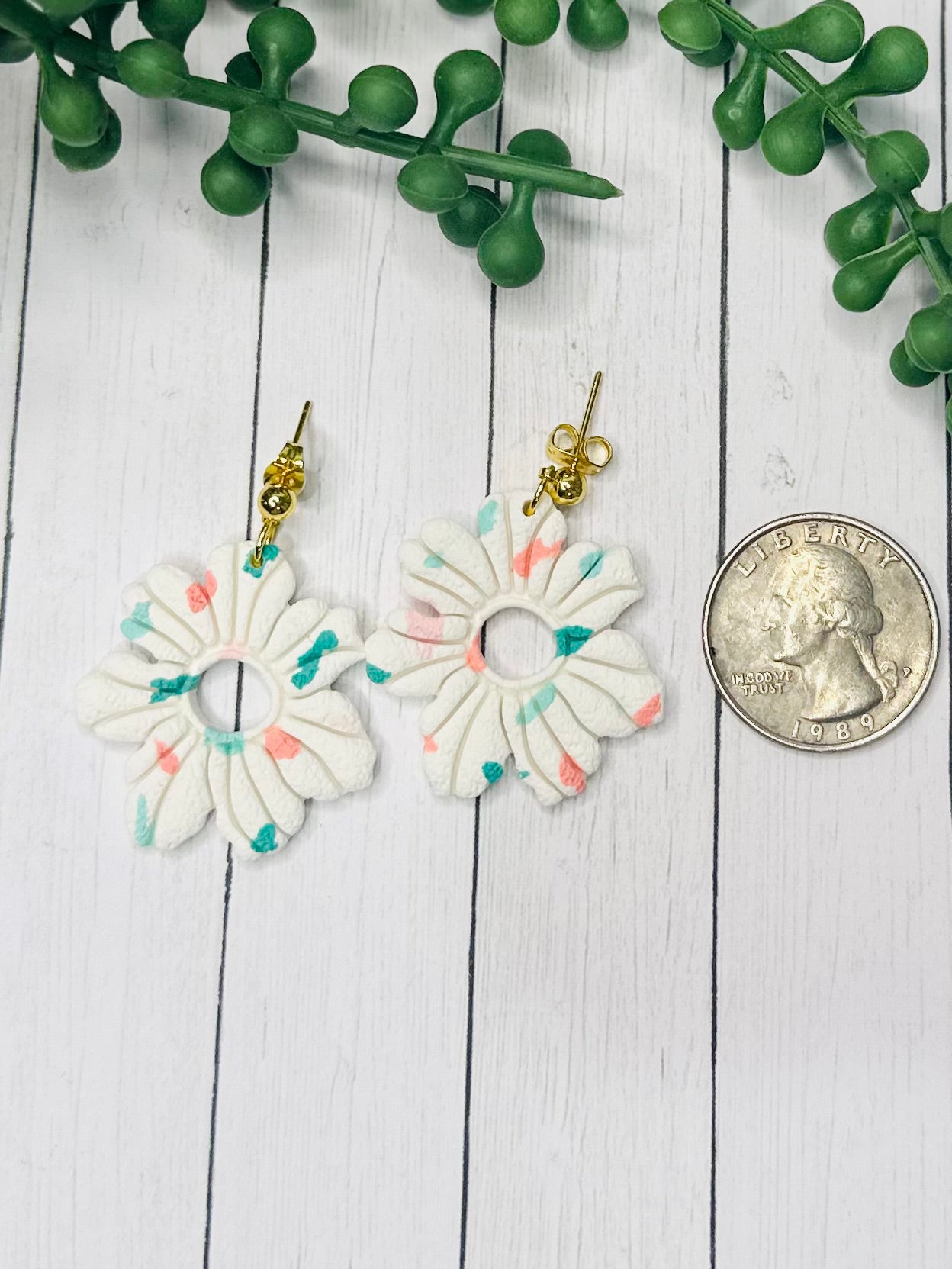 Handmade White Floral Earrings – Lightweight Polymer Clay Flower Earrings, Gold Dangle Earrings, Feminine Statement Jewelry