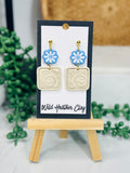 Spiral Blue Floral Statement Earrings – Handmade Polymer Clay Dangle Earrings, Lightweight Boho Jewelry, Modern Floral Earrings