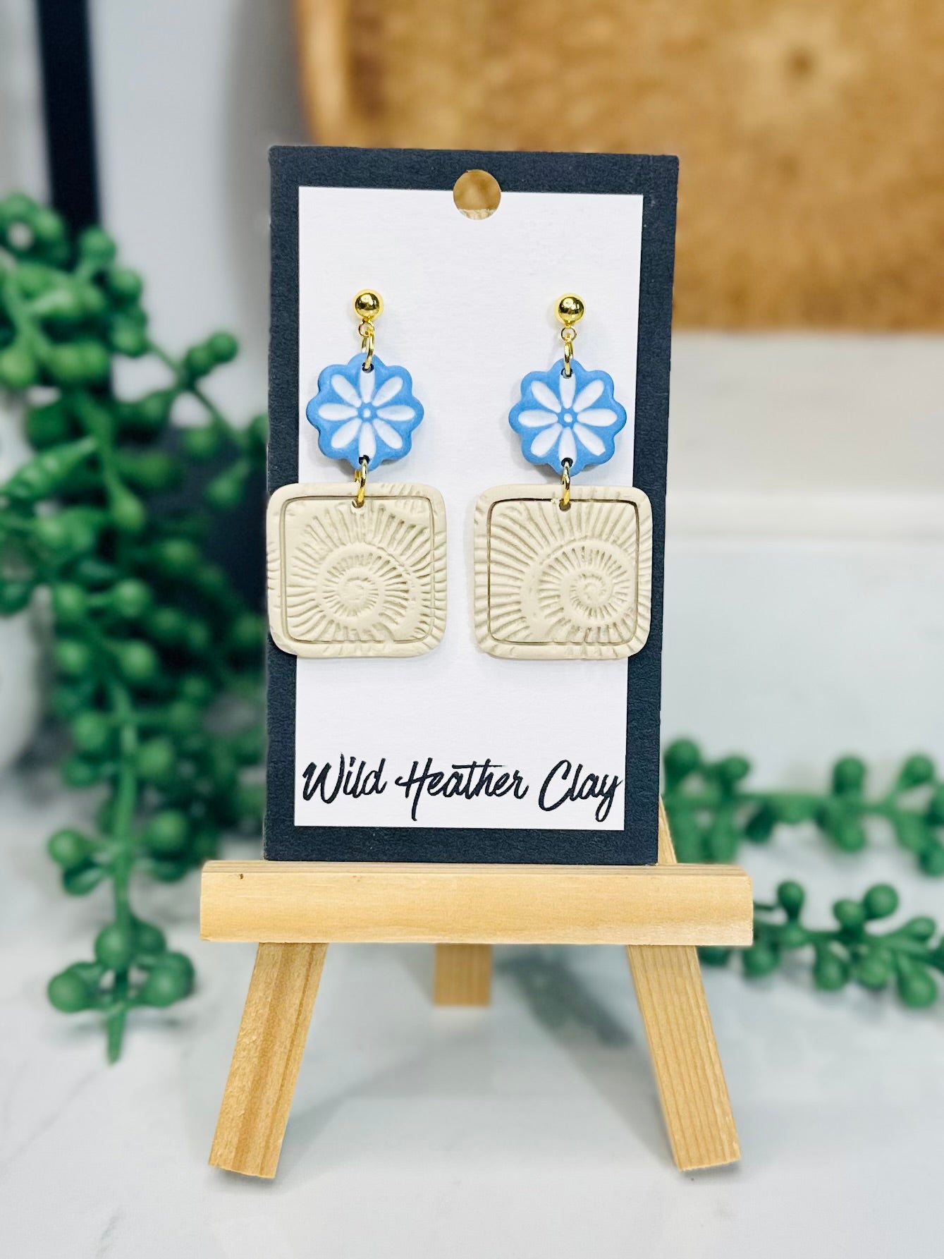 Spiral Blue Floral Statement Earrings – Handmade Polymer Clay Dangle Earrings, Lightweight Boho Jewelry, Modern Floral Earrings