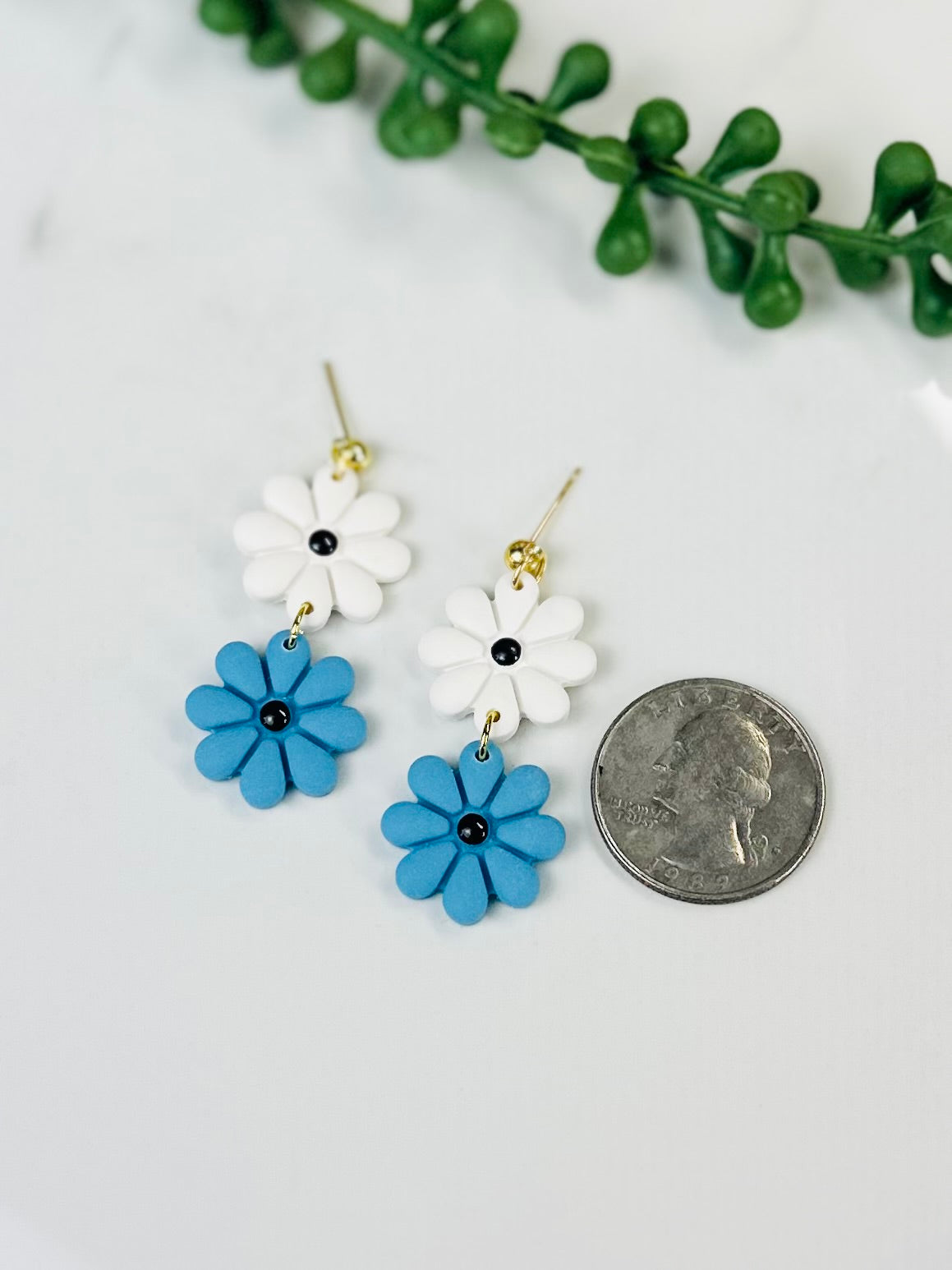Blue & White Daisy Dangle Earrings | Handmade Polymer Clay Flower Earrings