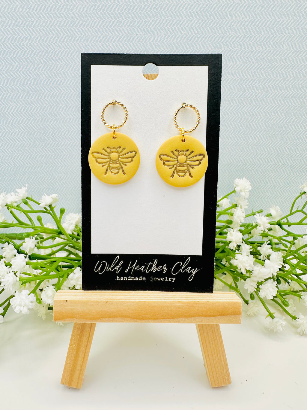 Yellow Bee Earrings with Gold Circle Rope Studs | Handmade Polymer Clay Earrings | Spring Floral Statement Earrings