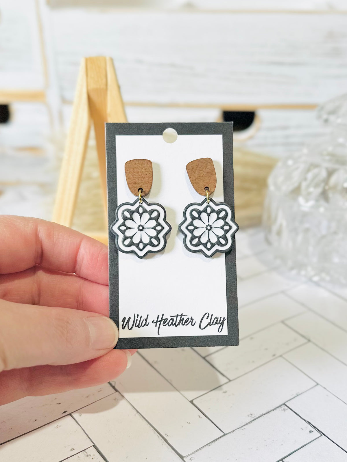 Black & White Floral Medallion Earrings