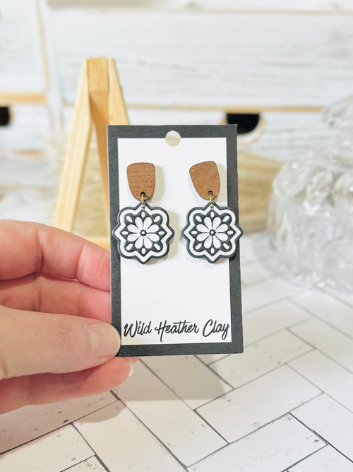 Black & White Floral Medallion Earrings