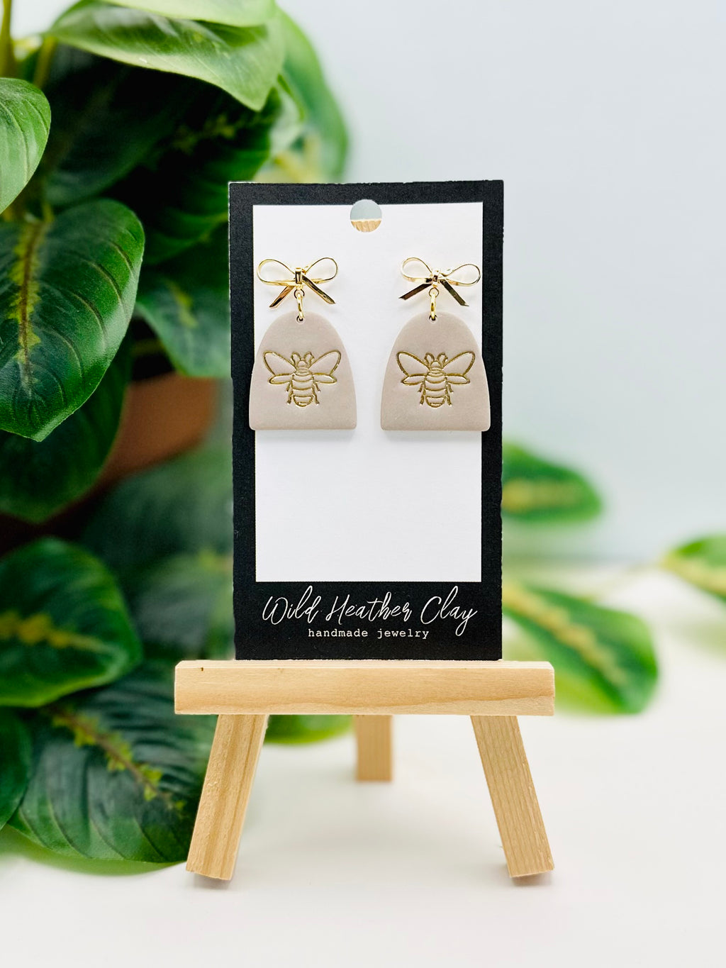 Taupe Bee Arched Earrings with Gold Bow Stud- Handmade Polymer Clay Earrings-Spring Statement Earrings