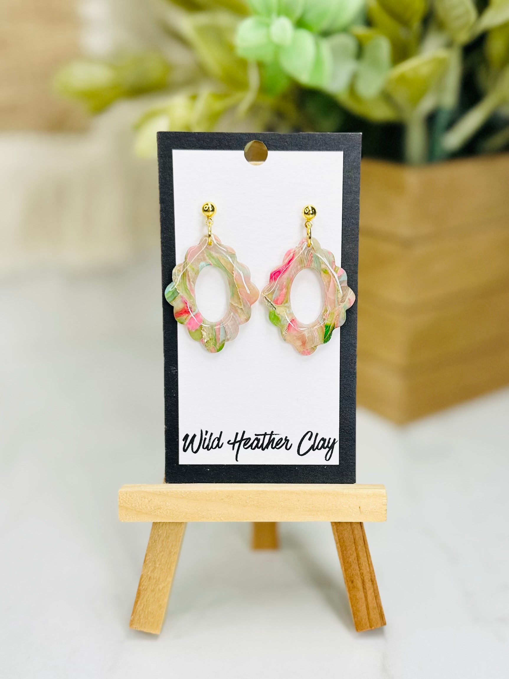 Pink & Green Open Oval Earrings | Handmade Polymer Clay Earrings